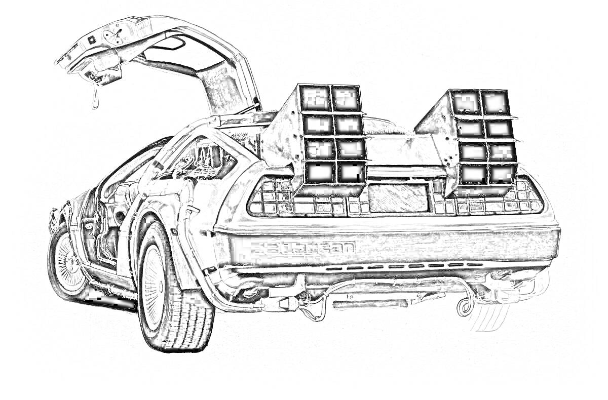 Раскраска Автомобиль DeLorean с поднятой дверью, задний вид, устройство для путешествий во времени