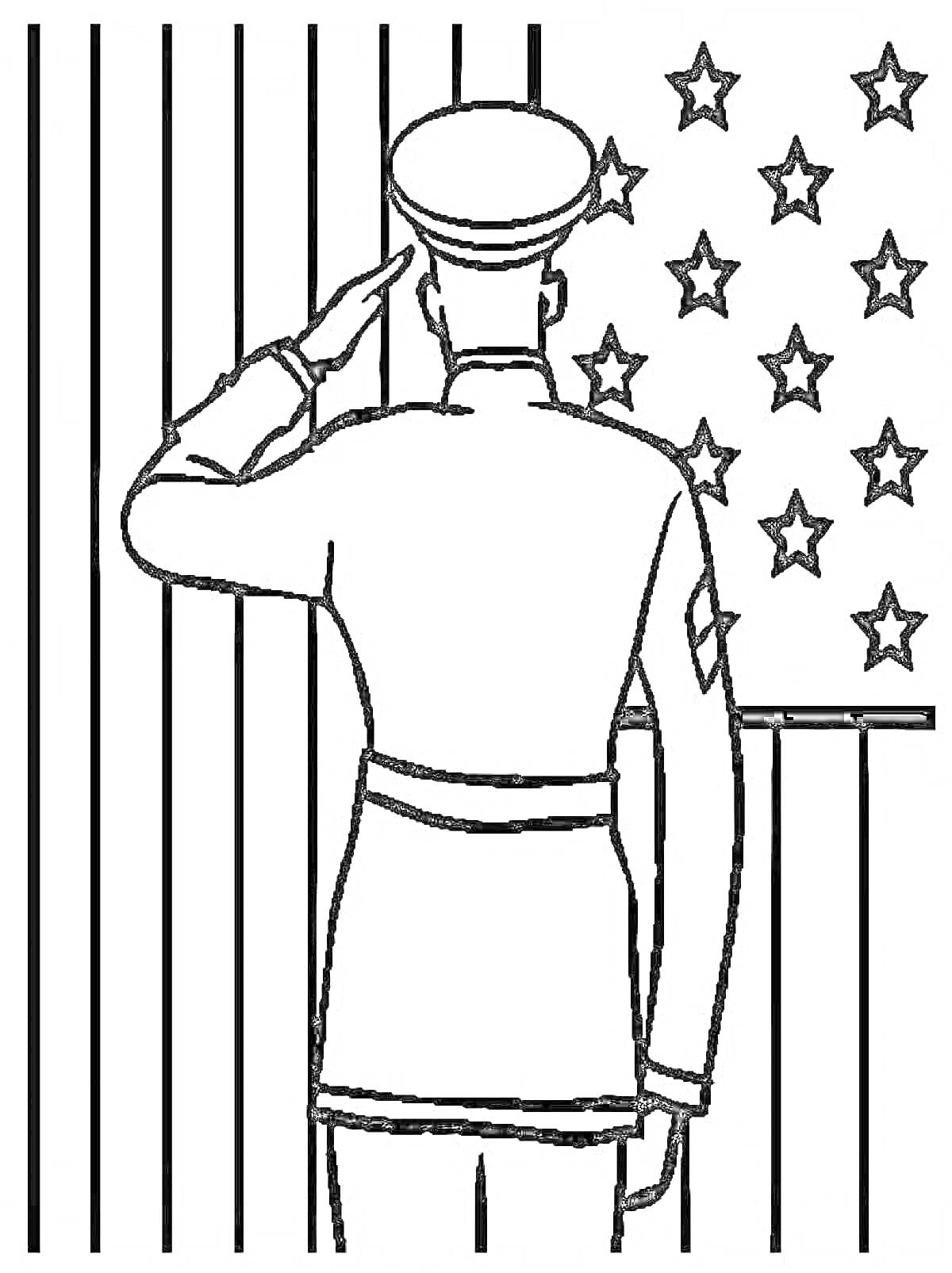 Раскраска Солдат, отдающий честь перед флагом с полосами и звёздами