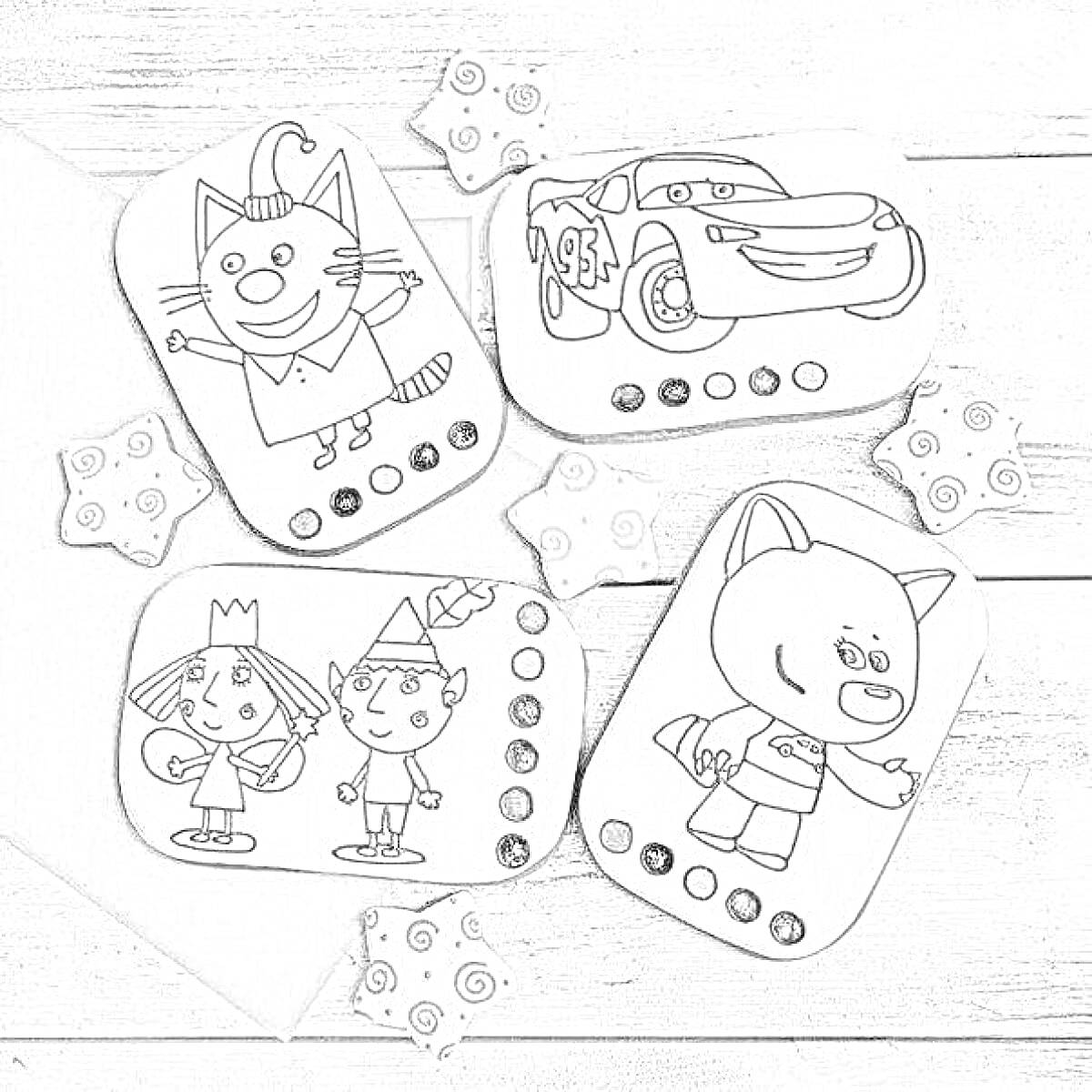 Раскраска раскраска для детей с пряниками, изображение кота с шапкой, гоночной машины, мальчика и девочки, мальчика с хвостом