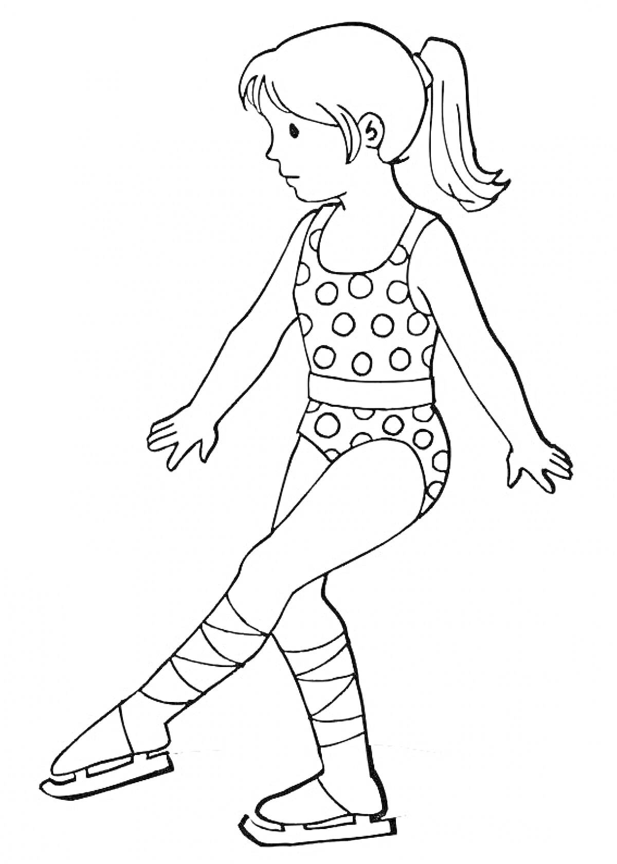 Раскраска Девочка-фигуристка, в горошковом купальнике, на коньках, с хвостиком