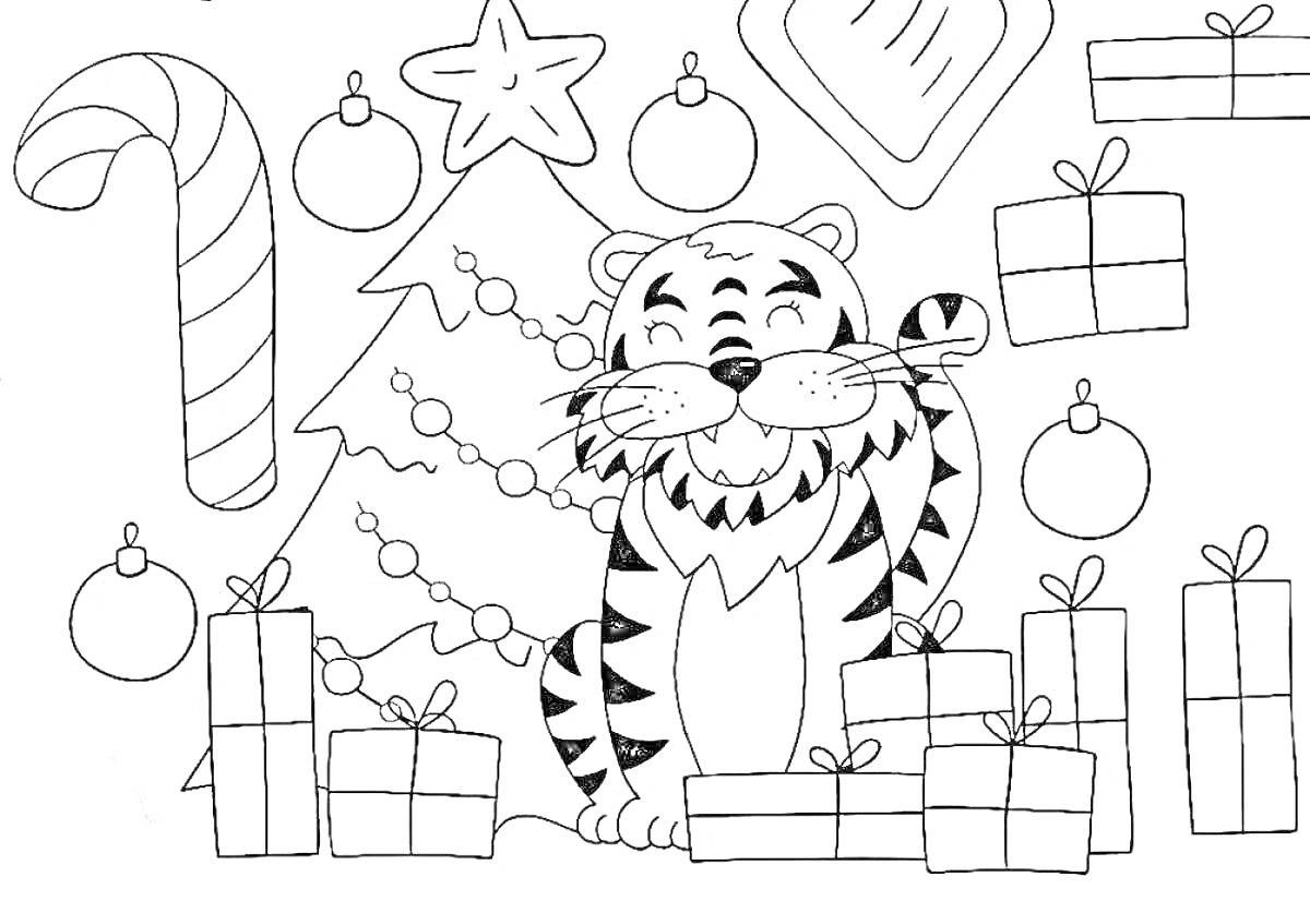 Раскраска Тигр с новогодними подарками и елкой