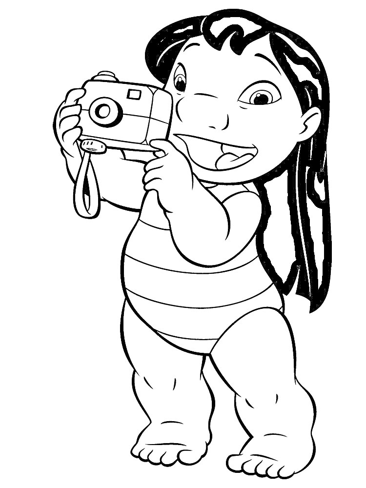 Раскраска Лило с фотоаппаратом в полосатом купальнике