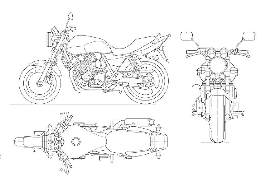 Раскраска Вид мотоцикла с четырех ракурсов (вид сбоку, вид спереди, вид сверху)