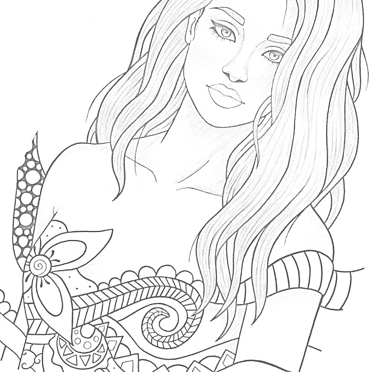 Раскраска Девушка с длинными волосами в платье с цветочным рисунком и узором