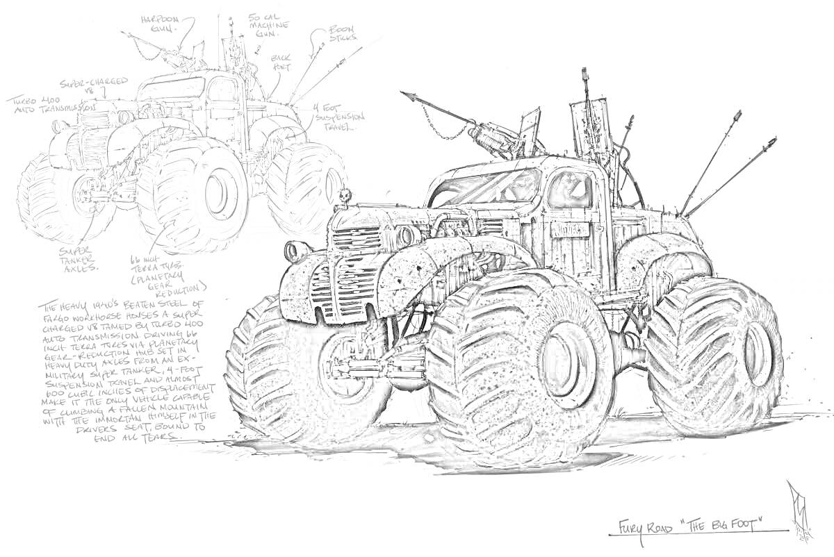 На раскраске изображено: Безумный Макс, Машина-монстр, Большие шины, Антенны, Оружие, Постапокалипсис
