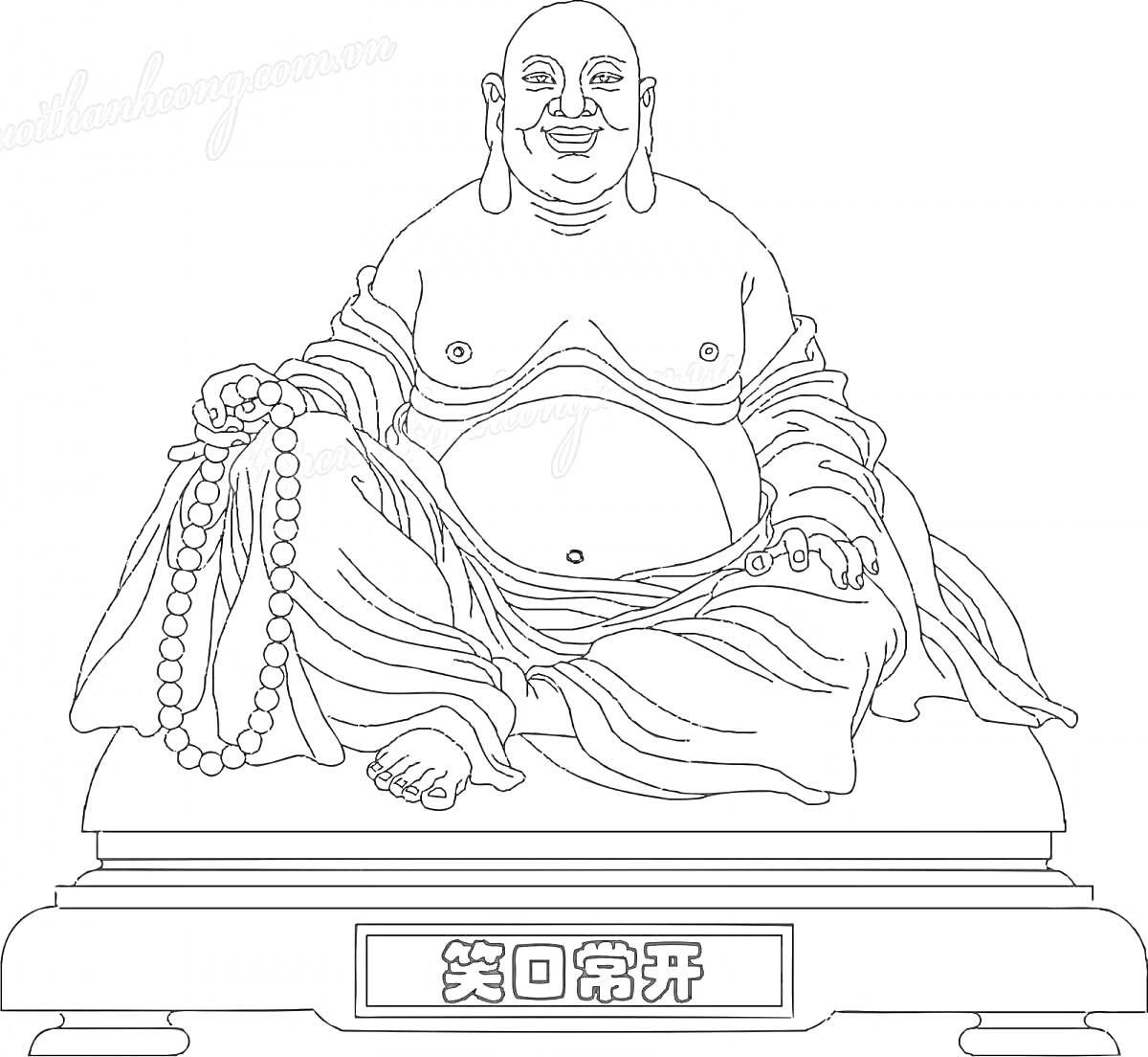 На раскраске изображено: Статуя, Четки, Пьедестал, Буддизм