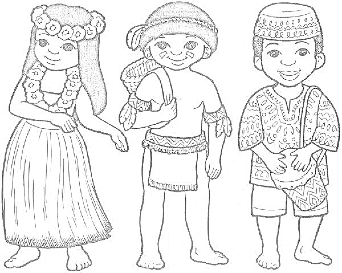 Раскраска На фото изображены три человека в традиционной одежде. Первый человек слева одет в гавайский костюм, состоящий из цветочного венка и платья. Второй человек в центре одет в традиционный костюм с орнаментами и несет корзину на плече. Третий человек справа о