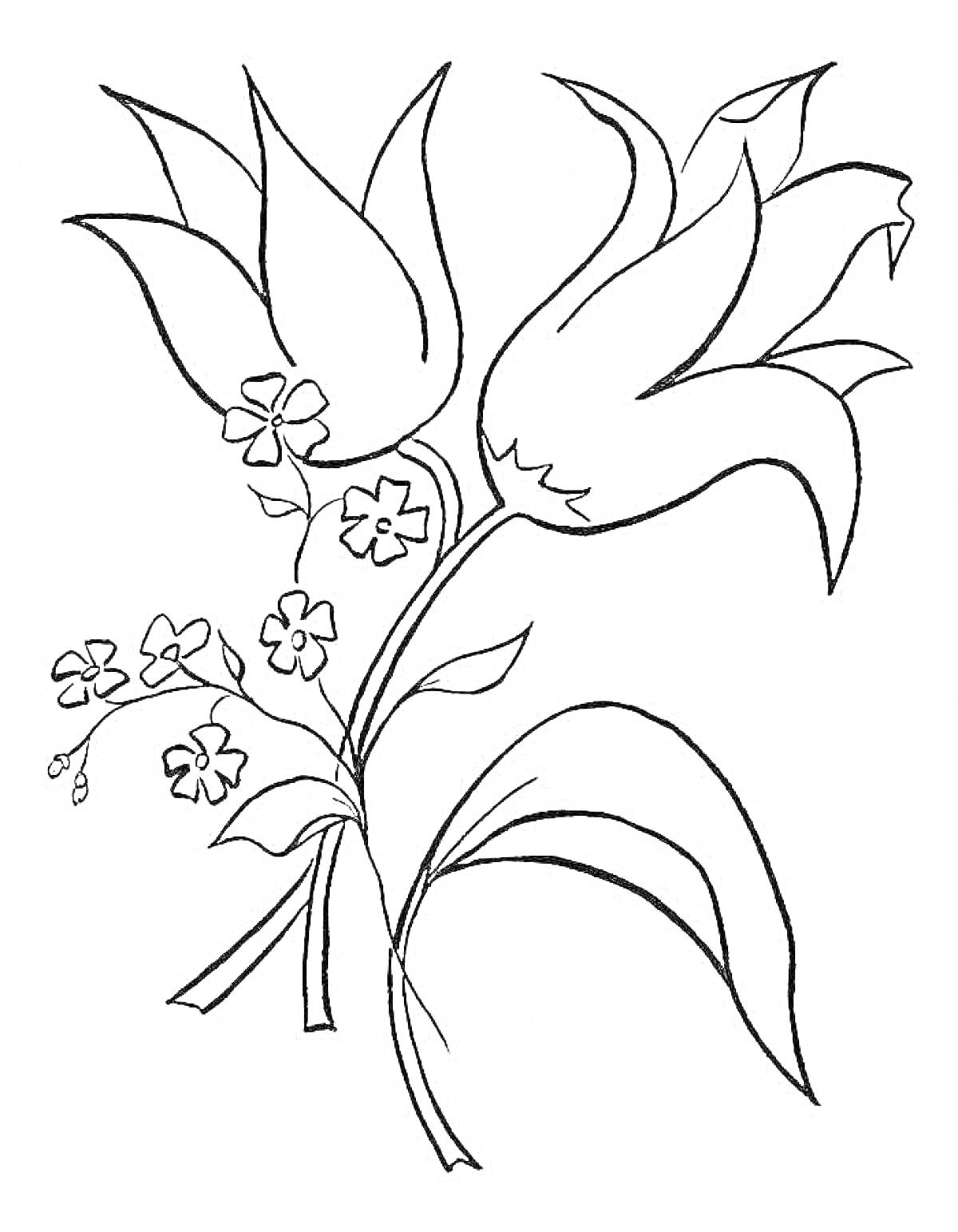 Раскраска Букет из крупных цветов с мелкими цветочками и листьями