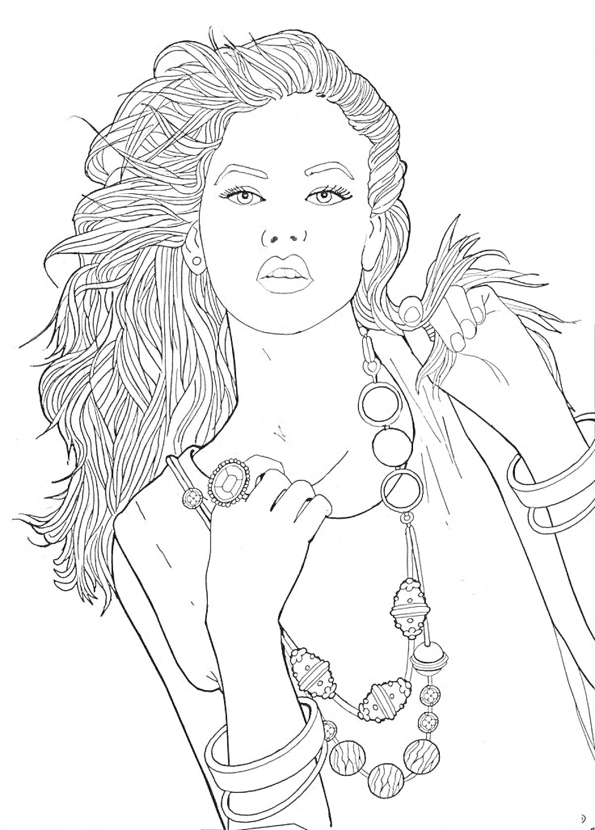 Раскраска Женщина с длинными волнистыми волосами, ожерельем, браслетами и кольцом