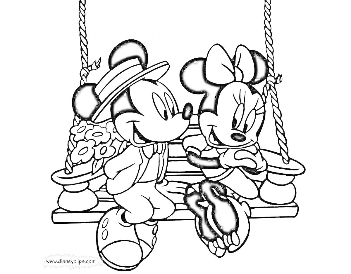 Раскраска Микки Маус и Минни Маус на качелях с цветами