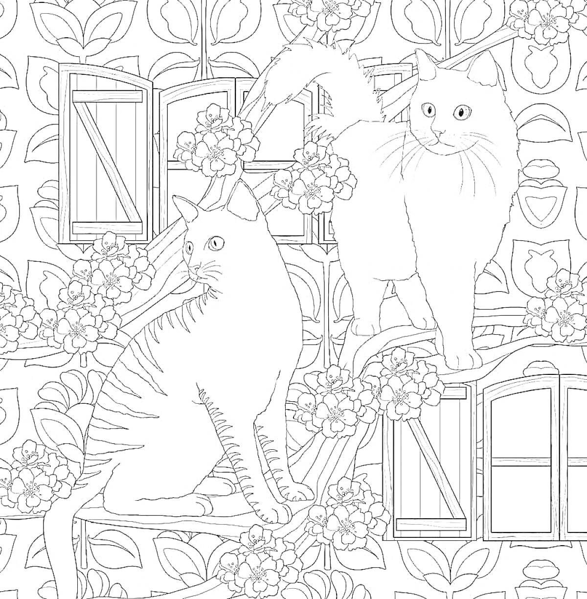 На раскраске изображено: Кототерапия, Антистресс, Два кота, Окна, Природа, Цветы