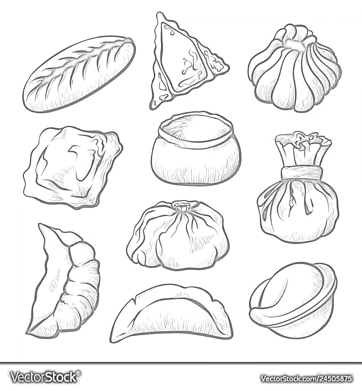 Раскраска Раскраска с изображением разных видов пельменей и мучных изделий: батон, треугольный пирожок, фигурный пельмень, квадратный пельмень, круглый пирожок, мешочек с начинкой, вытянутый пельмень с завитком, круглый пельмень, классический пельмень с защипами и 