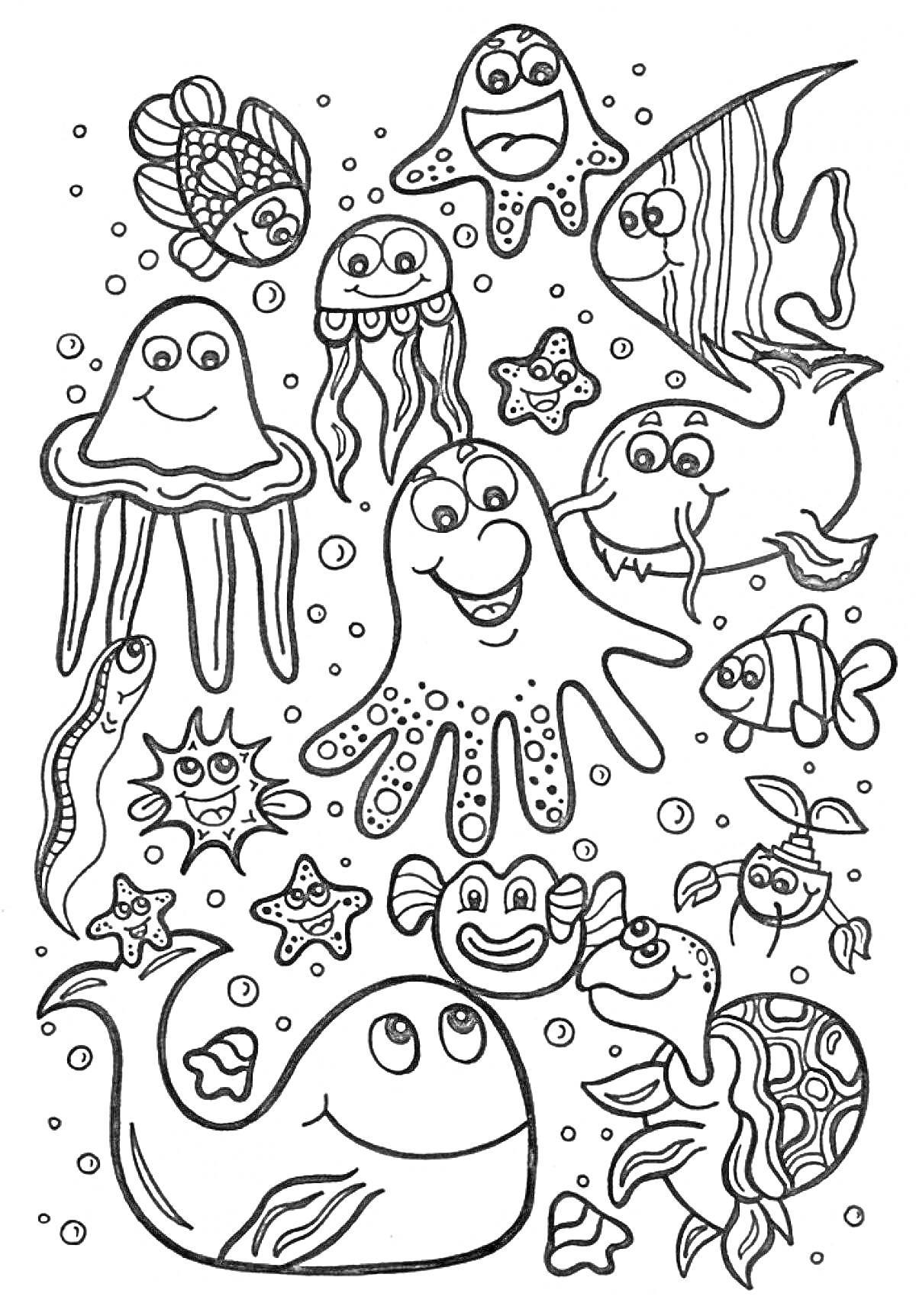 На раскраске изображено: Рыба, Медуза, Скат, Черепаха, Краб, Море, Киты, Океаны, Осьминоги, Морские звезды, Морские животные