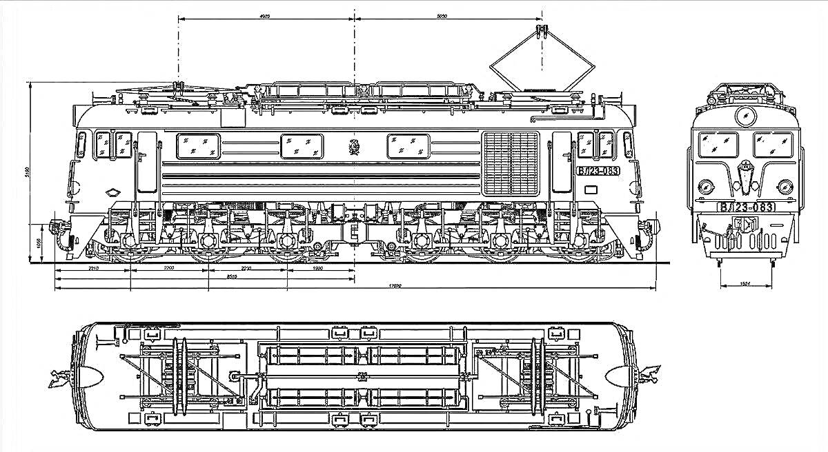Чертеж электровоза ЧС4Т с видами сбоку, спереди и сверху