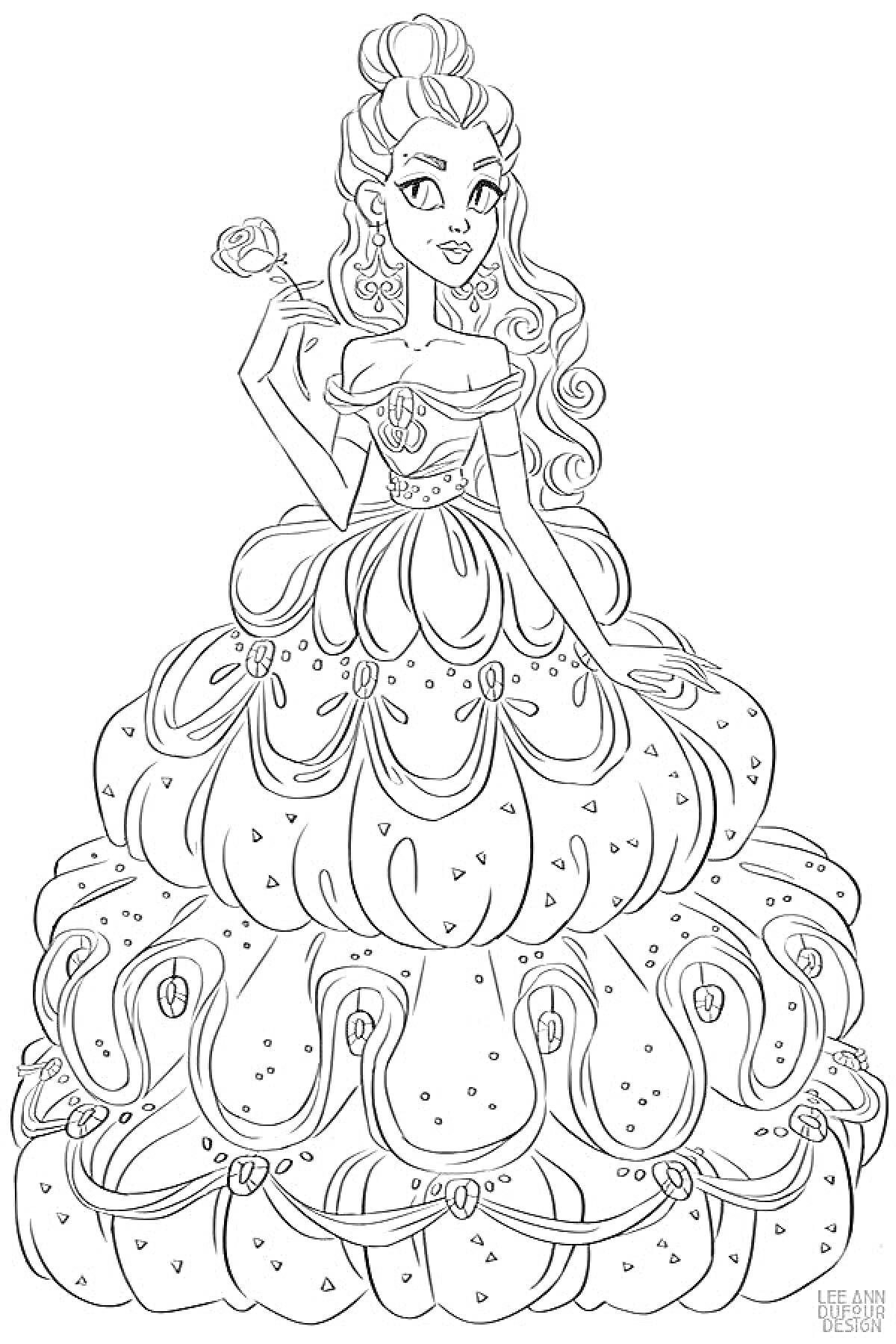 На раскраске изображено: Принцесса, Платье, Волосы, Распущенные волосы, Узоры, Женский персонаж, Из сказок, Цветы, Розы