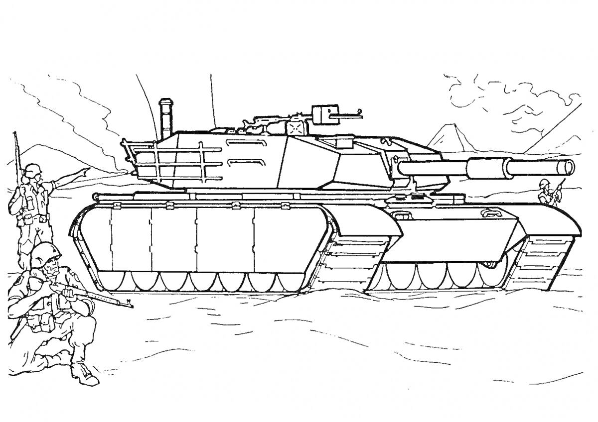 На раскраске изображено: Танк, Военные, Горы, Вооружение, Военная техника, Ландшафт, Поле битвы