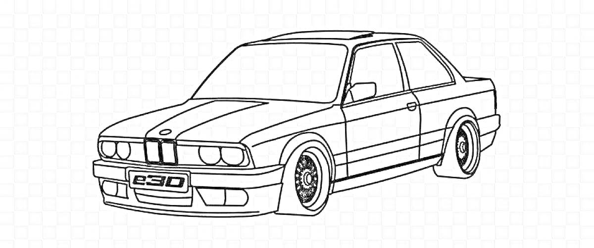 Раскраска Раскраска BMW E34, вид спереди и сбоку, контур автомобиля