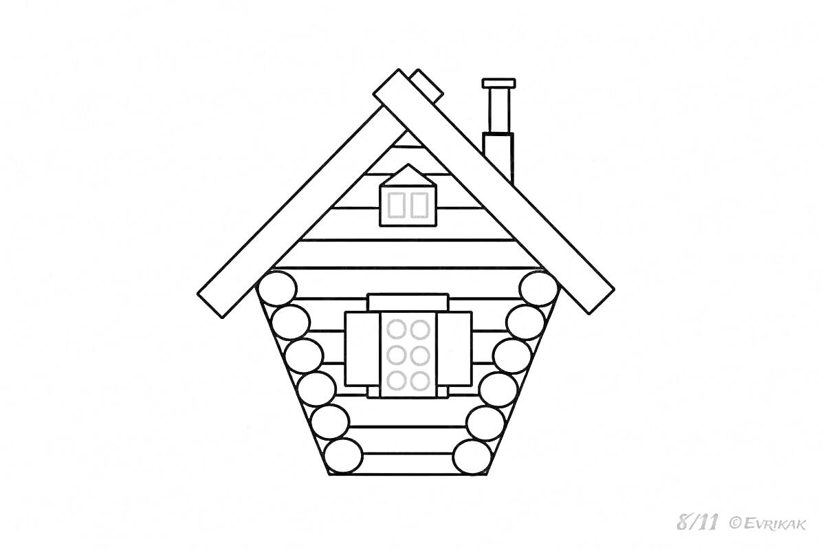 Раскраска Избушка бабы Яги с трубой, окном и дверью