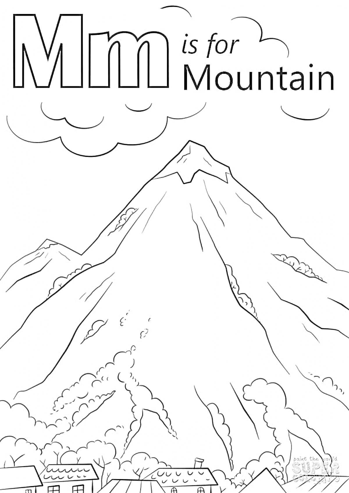 Раскраска Mm is for Mountain. Гора с домами внизу