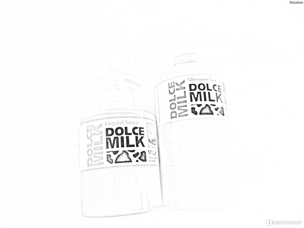 На раскраске изображено: Dolce Milk, Жидкое мыло, Шампунь, Флаконы, Косметика, Уход за телом, Гигиена, Утка Лалафанфан