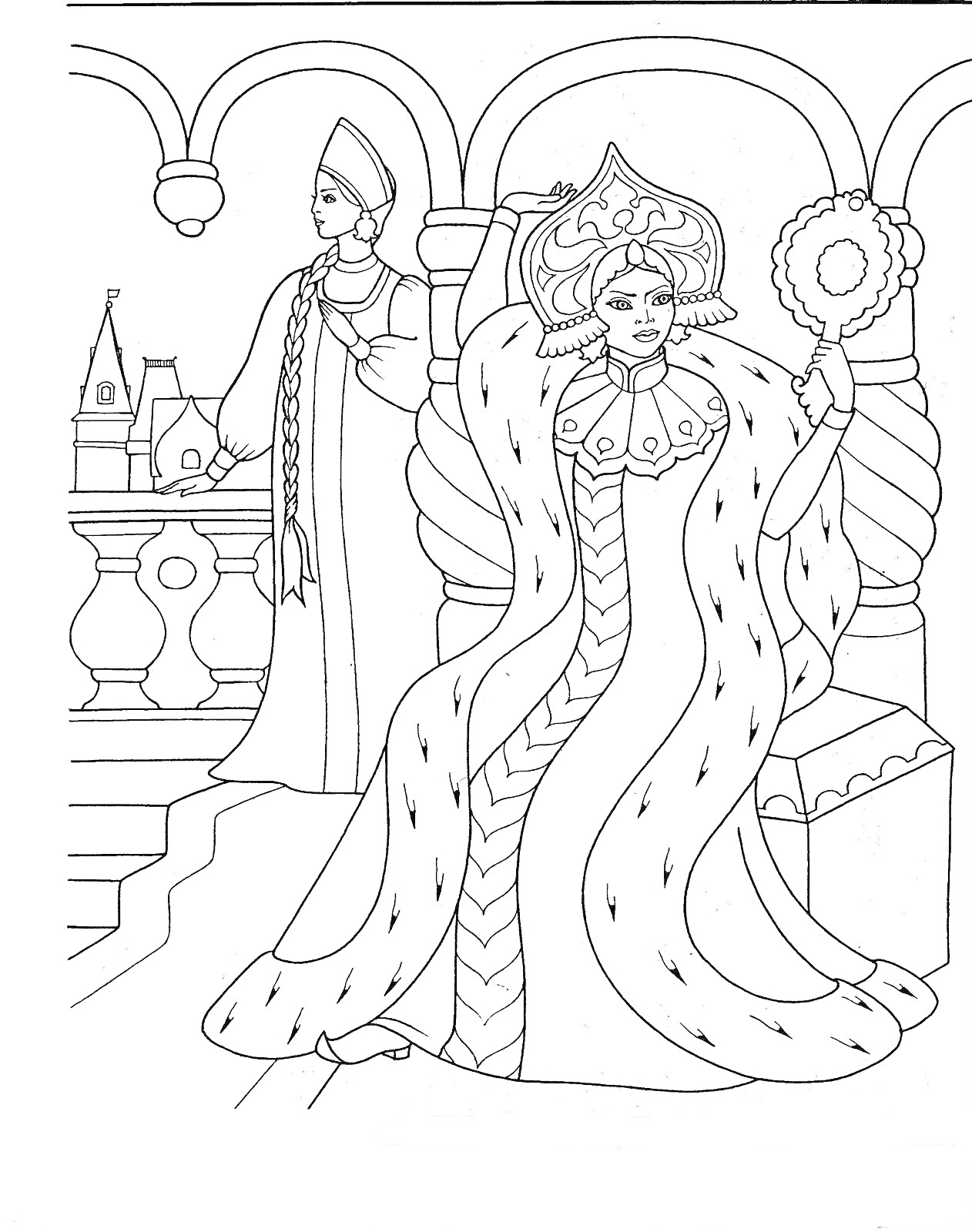 Раскраска Царевна с зеркалом на троне и царевич на балконе