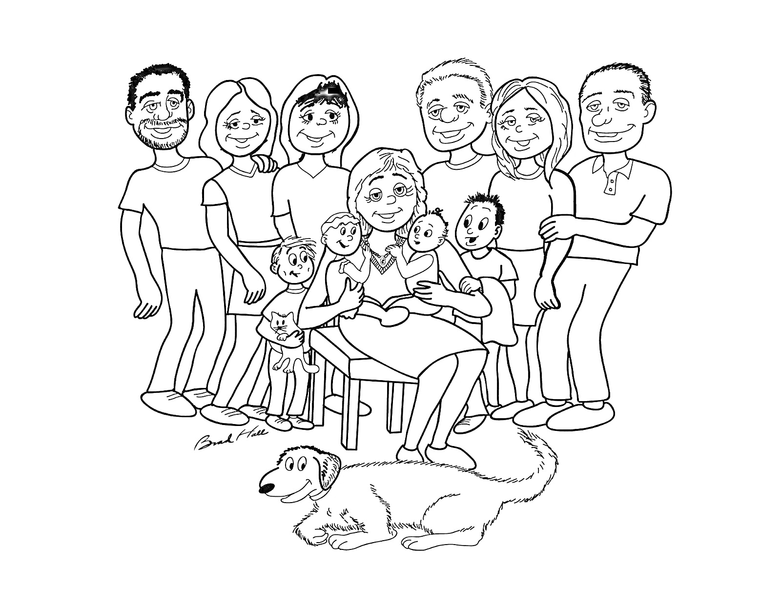 На раскраске изображено: Семья, Собака, Родители, Бабушка, Групповой портрет