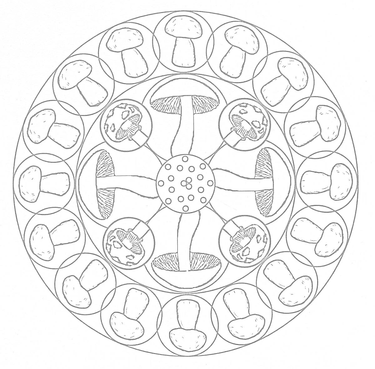 На раскраске изображено: Мандала, Круглая, Грибы, Геометрические узоры, Симметрия, Природа, Медитация
