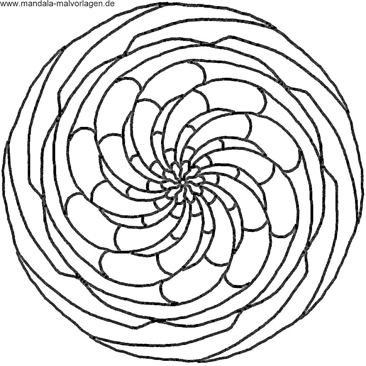 На раскраске изображено: Спираль, Лепестки, Центр, Мандала, Линии, Симметрия