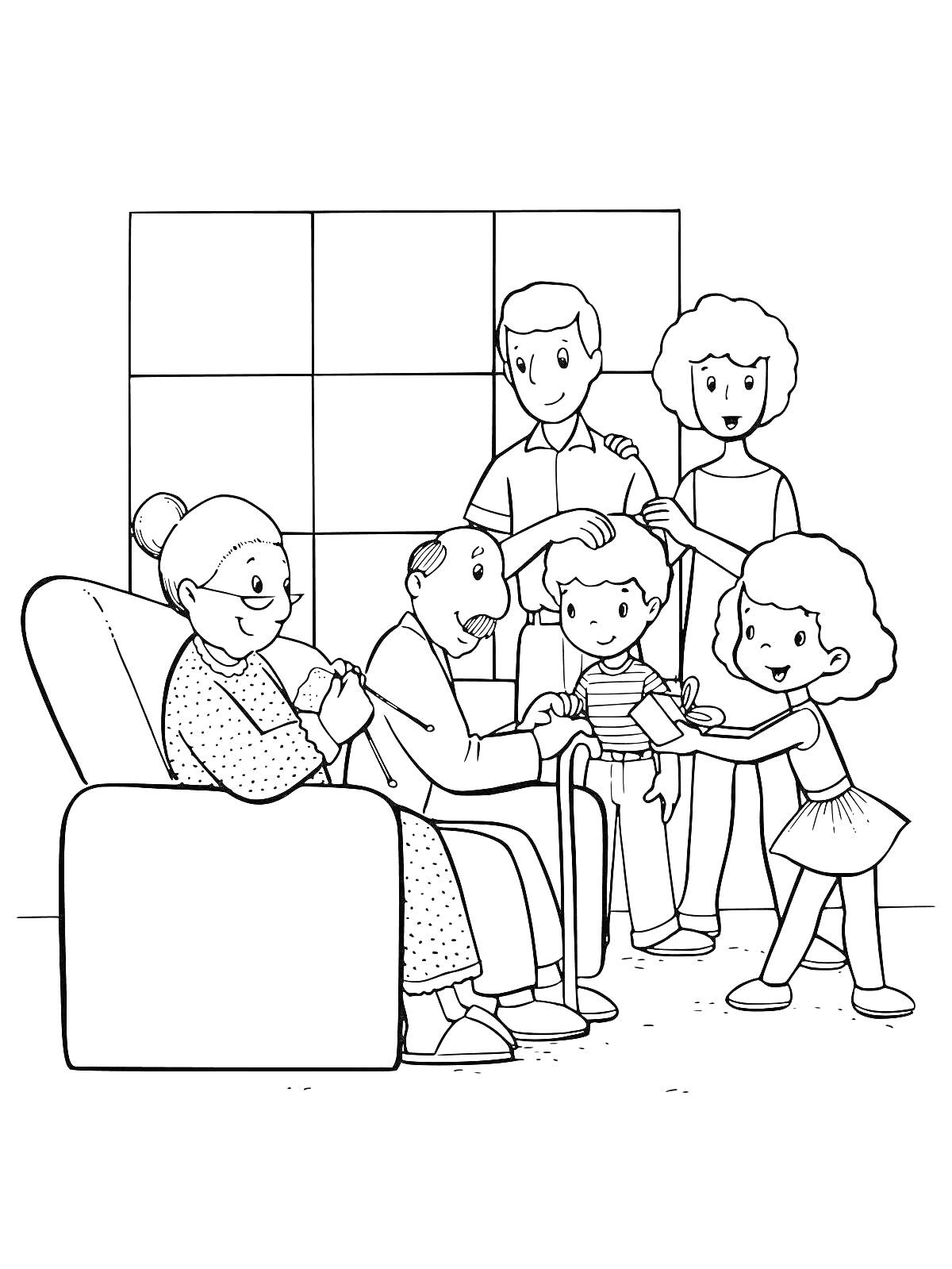 Раскраска Вечер в кругу семьи - бабушка и дедушка сидят на кресле, рядом стоит папа с мамой и два ребёнка
