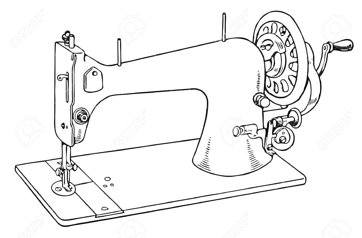 На раскраске изображено: Швейная машинка, Шитье, Маховик, Контурные рисунки