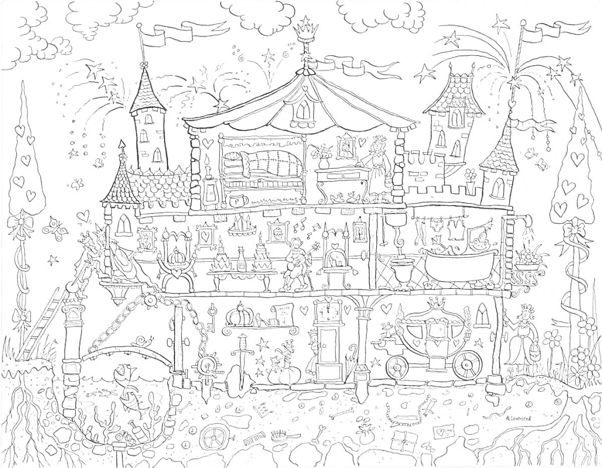 На раскраске изображено: Замок, Принцесса, Рыцари, Карета, Лестница, Башни, Волшебство, Облака, Природа, Растения
