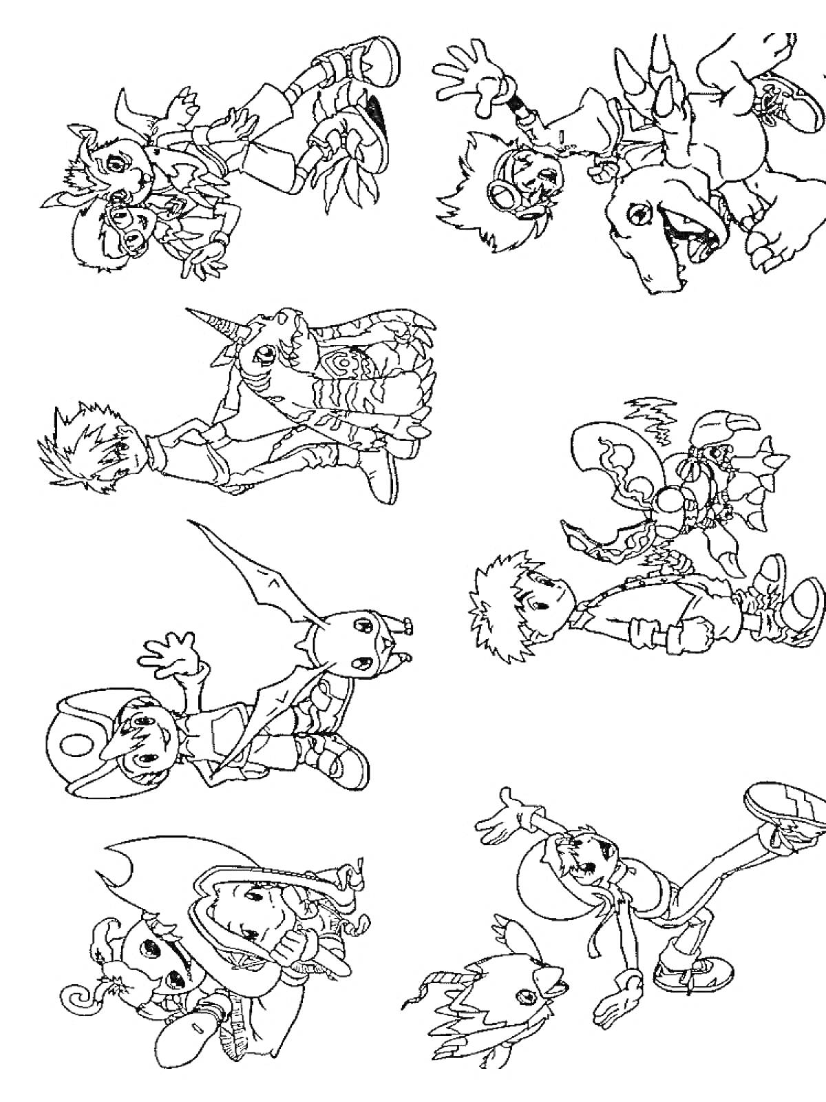 Раскраска Дигимон и партнеры, изображены восемь пар героев (люди и их дигимоны)