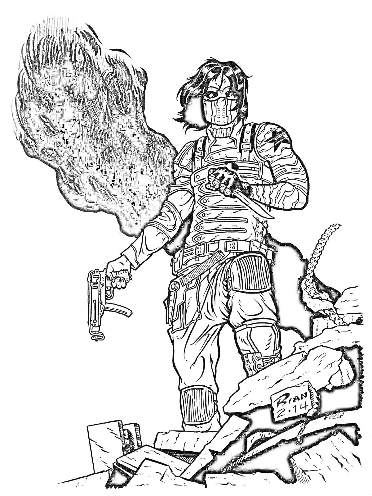 Раскраска Вооруженный человек с длинными волосами, металлической рукой и оружием посреди разрушенных зданий