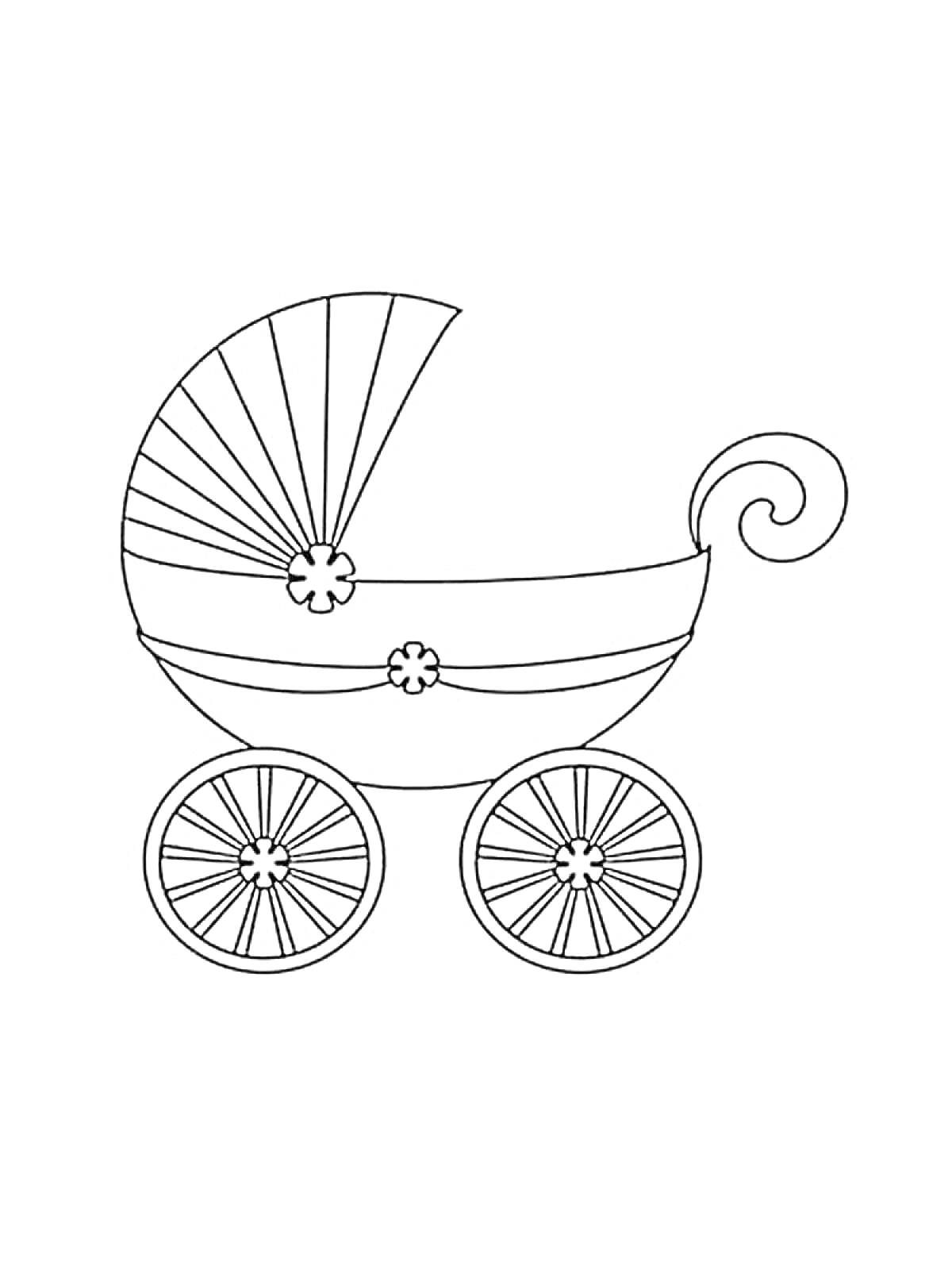 Детская коляска с дугами, цветами на корпусе и четырьмя колесами