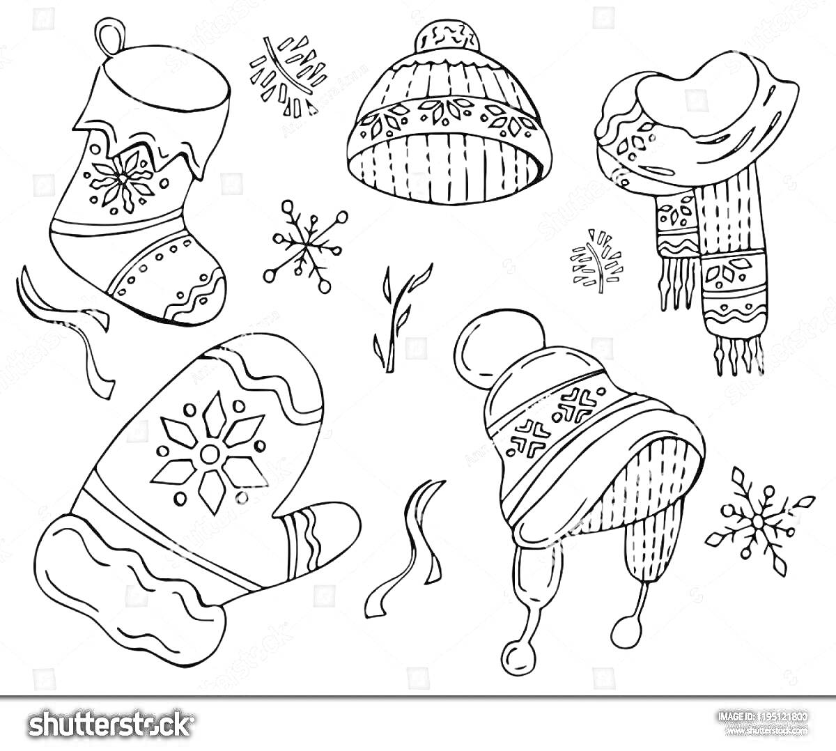 На раскраске изображено: Варежка, Шапка, Шарф, Зима, Снег, Снежинки, Зимняя одежда, Уют, Мороз