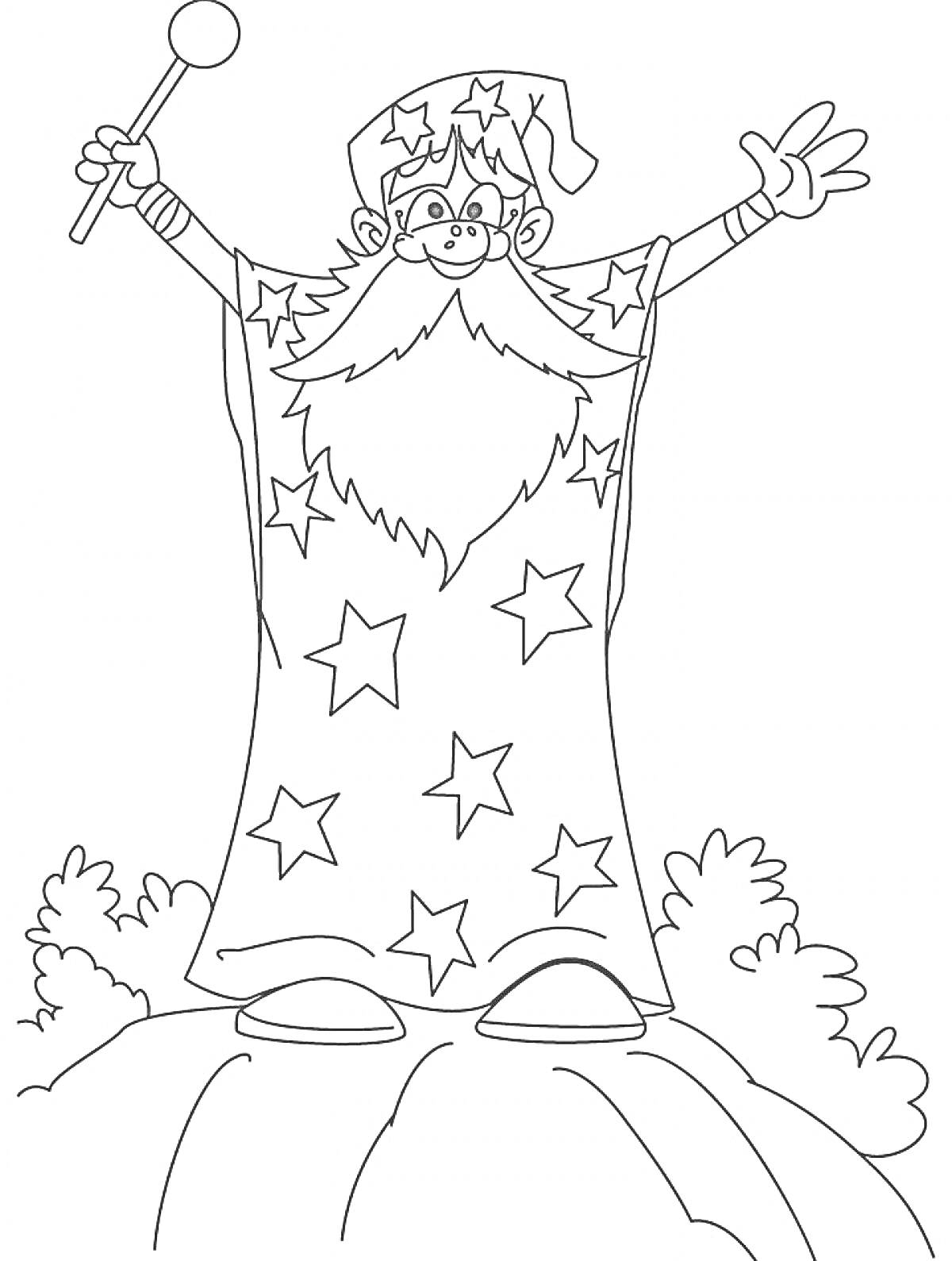 Волшебник со звездной мантией и волшебной палочкой стоит на вершине скалы среди кустов