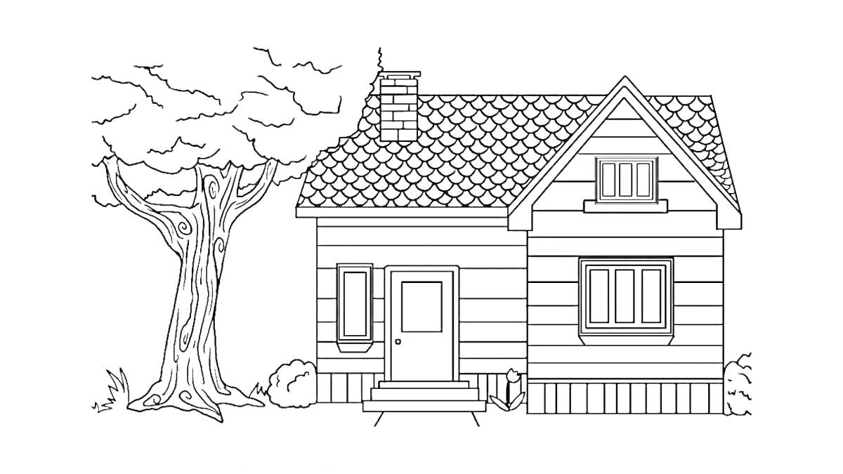 Раскраска Дом с деревом на участке