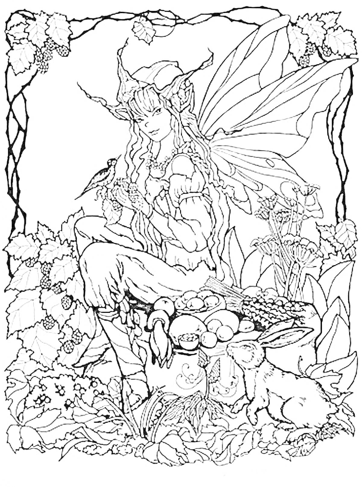 Раскраска Эльфийка с крыльями, сидящая на скале среди листьев и цветов, с птицей на руке и корзиной фруктов, рядом с кроликом