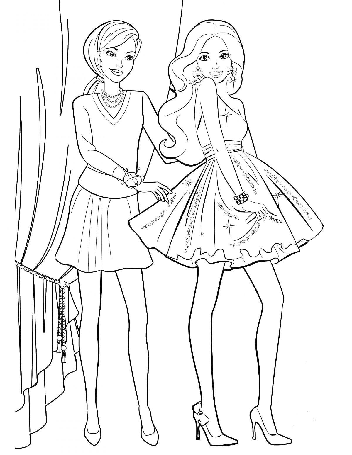 Раскраска Две куклы Барби в модных нарядах возле оконной шторы