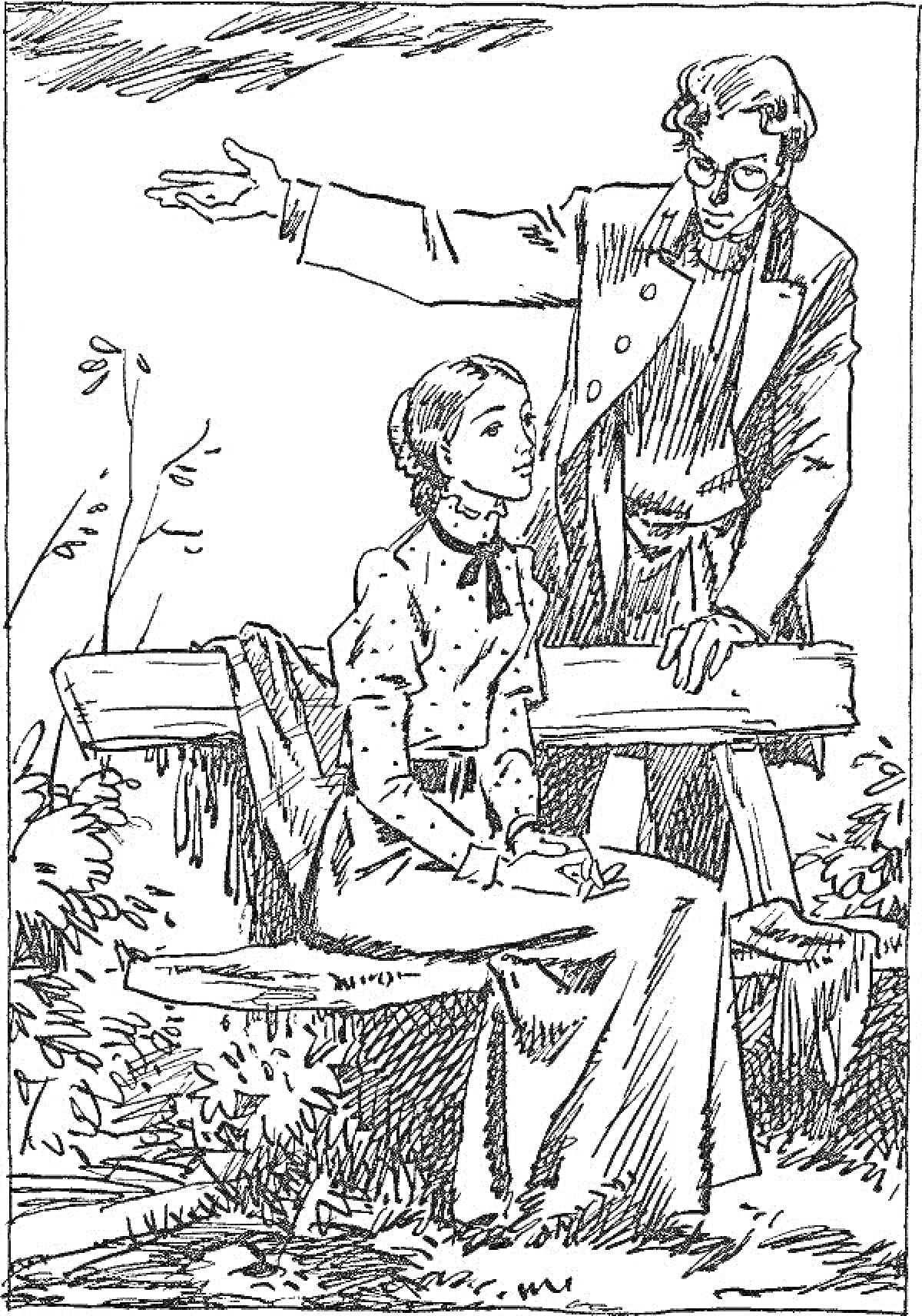 Раскраска Сцена в саду с мужчиной и женщиной на скамейке