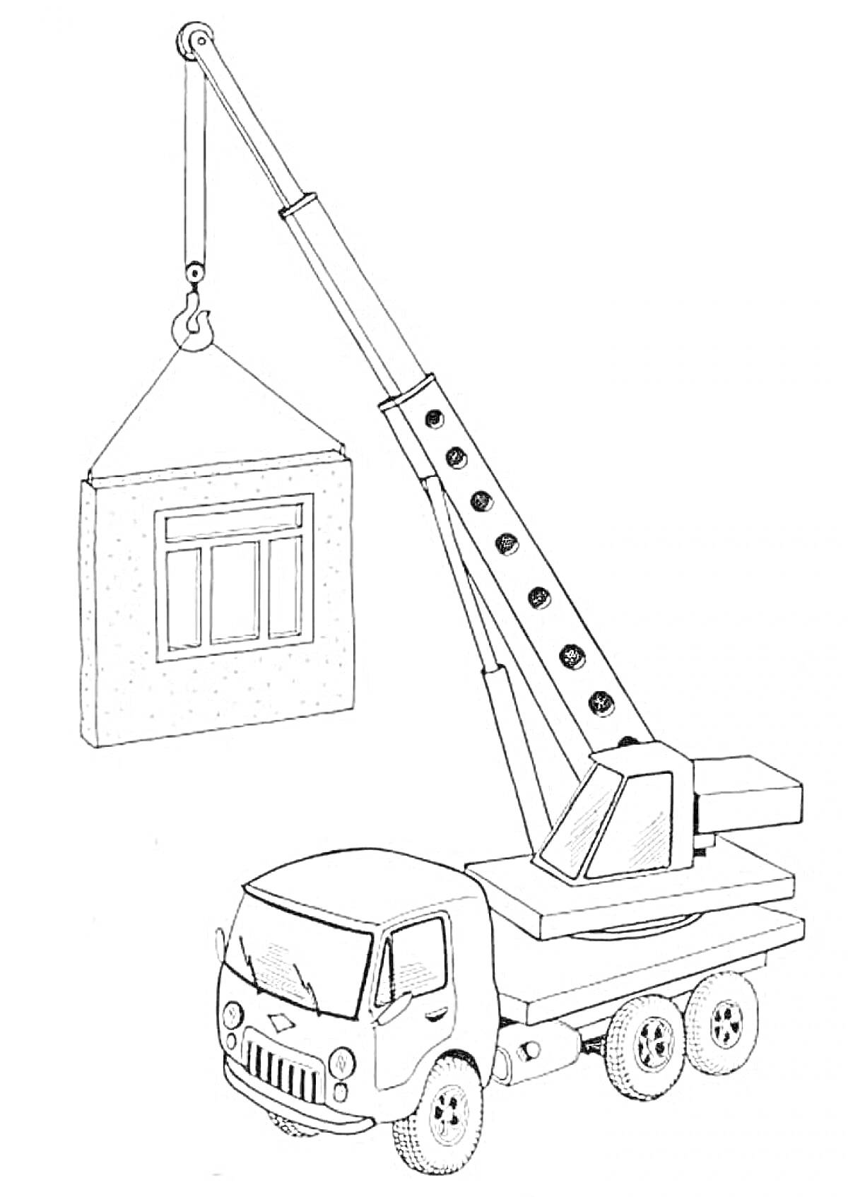 Раскраска Грузовик-самосвал с подъемным краном поднимает бетонную панель с окном