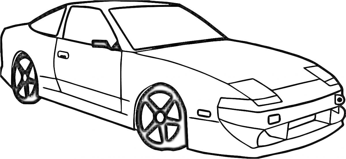Раскраска Спортивный автомобиль Мазда с дверьми, передним стеклом, боковыми окнами, зеркалами, фарами, передним бампером, колёсами, шинами, и боковыми ручками