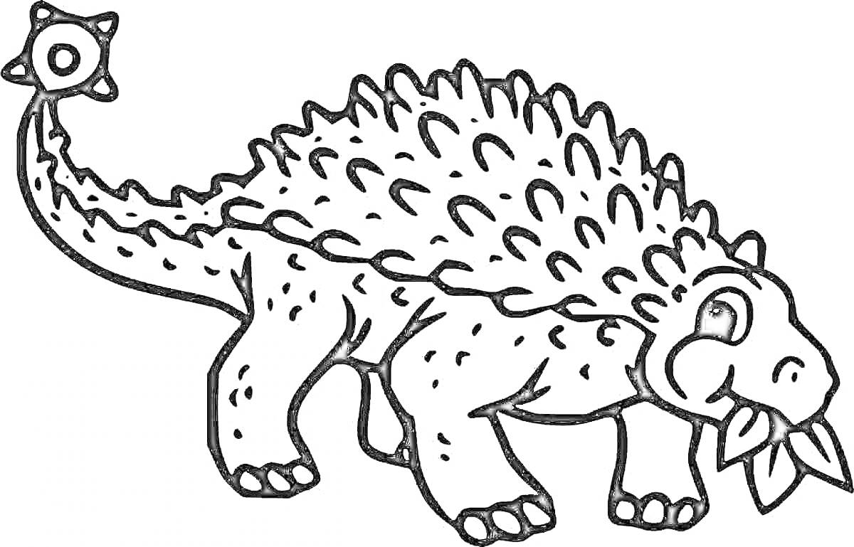 Раскраска Анкилозавр с шипами на спине и цепом на хвосте, грызущий растение