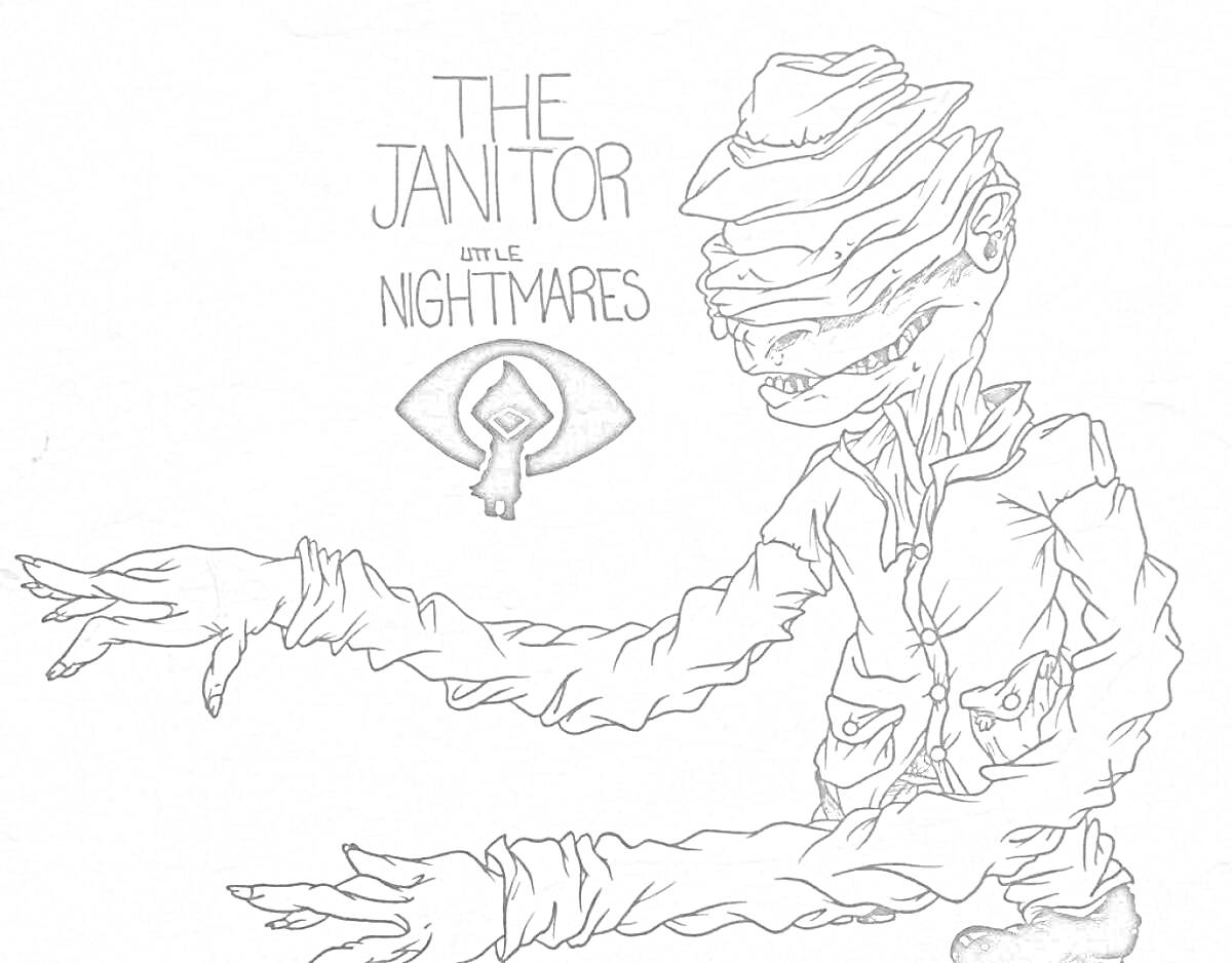 Раскраска The Janitor из Little Nightmares, изображение с персонажем Джанитор - существо с закрытыми глазами и длинными руками, персонаж в шляпе, капюшоне и одежде