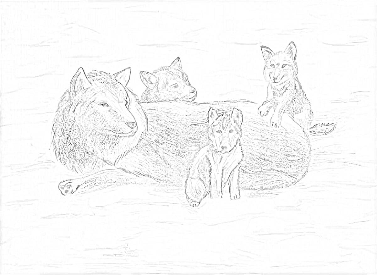 На раскраске изображено: Волчица, Волчата, Снег, Природа, Животные, Детеныши, Лес, Зимний пейзаж