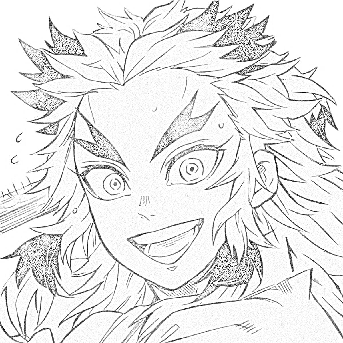 Раскраска Лицо персонажа Кеджиро Ренгоку с выражением радости, взъерошенные волосы, открытые глаза, взъерошенные брови