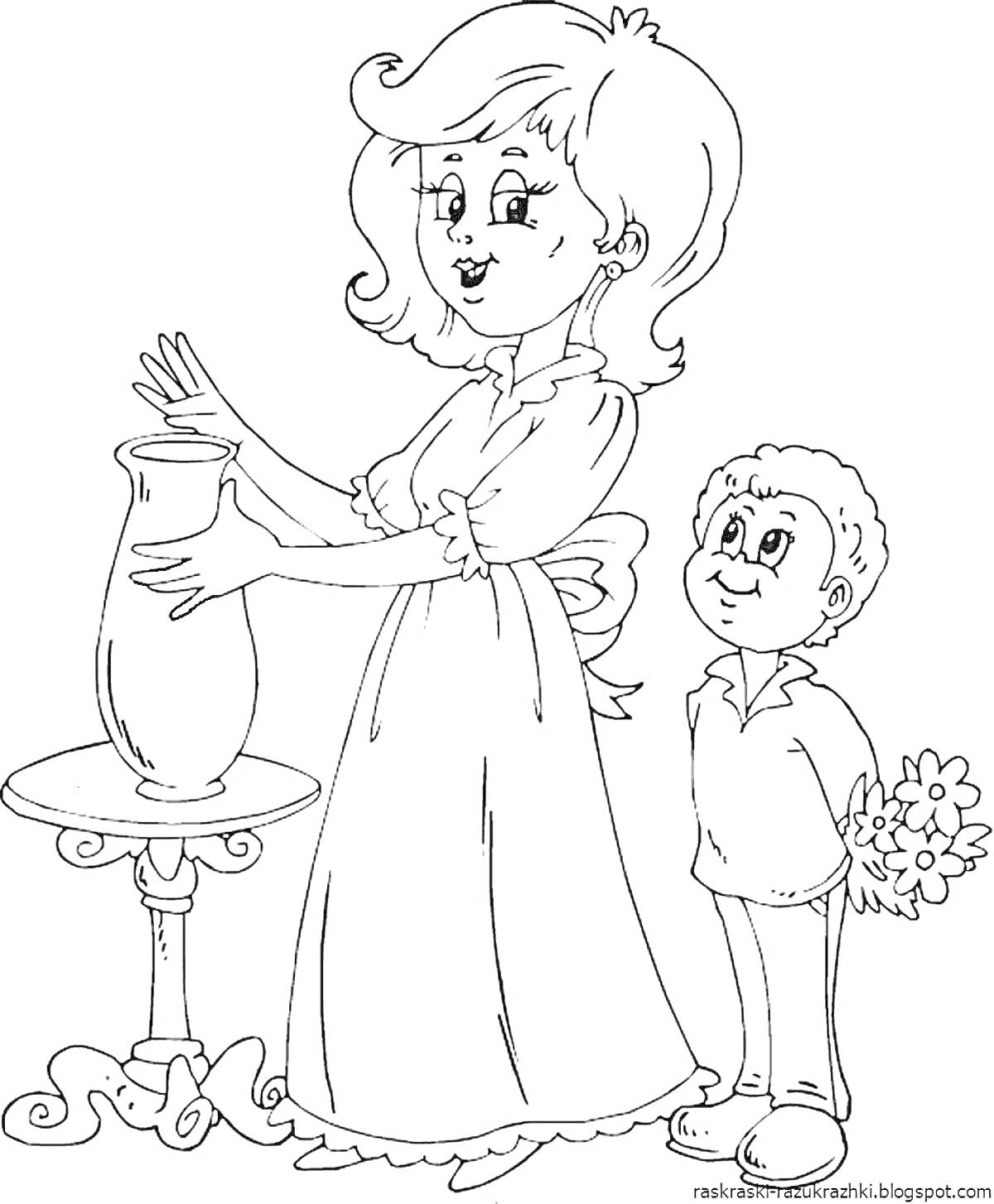 Раскраска Мама ставит вазу на стол, маленький мальчик с букетом цветов