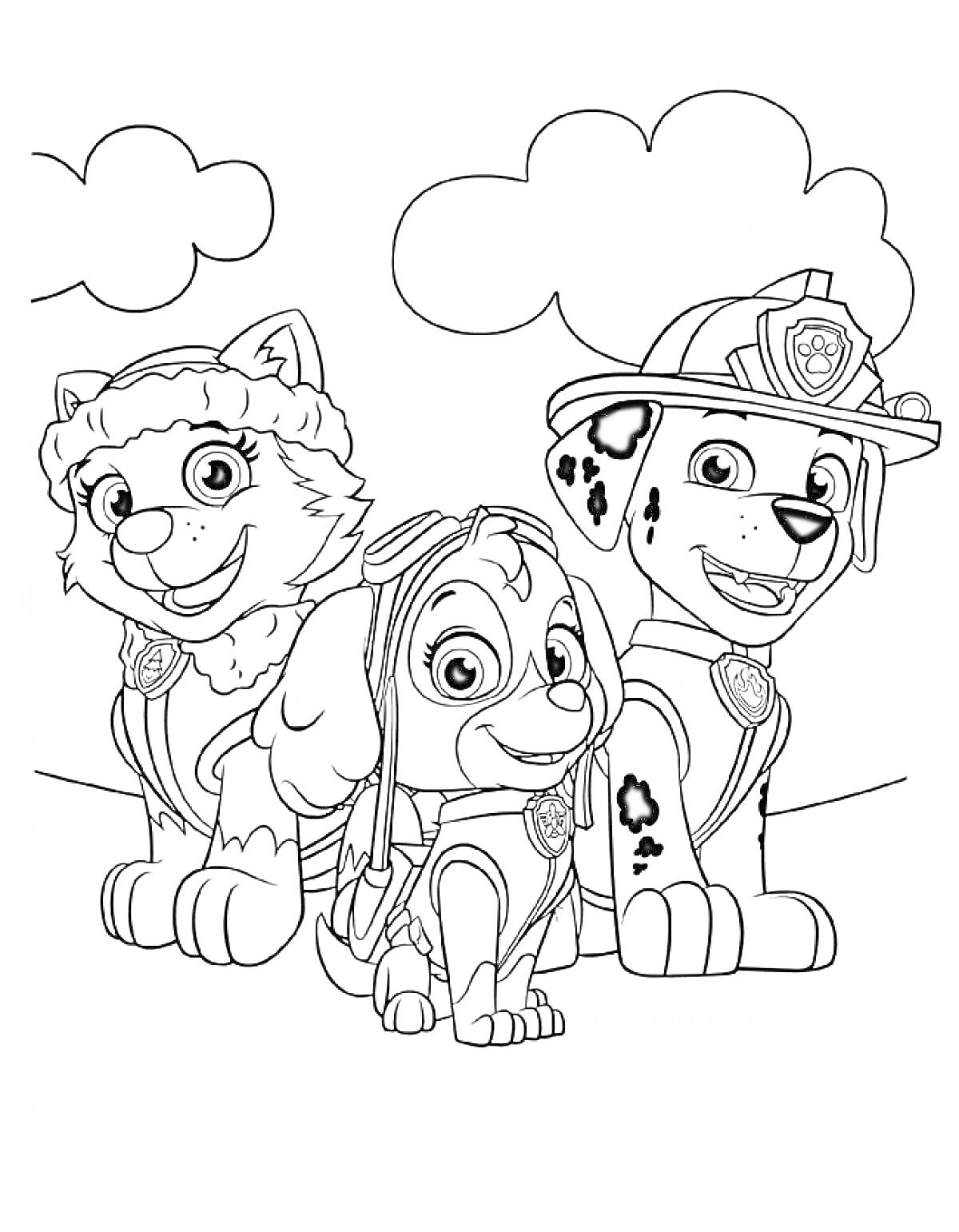 Щенячий Патруль - три щенка: девочка-хаски, девочка-кокапу, далматинец в форме пожарного, облака