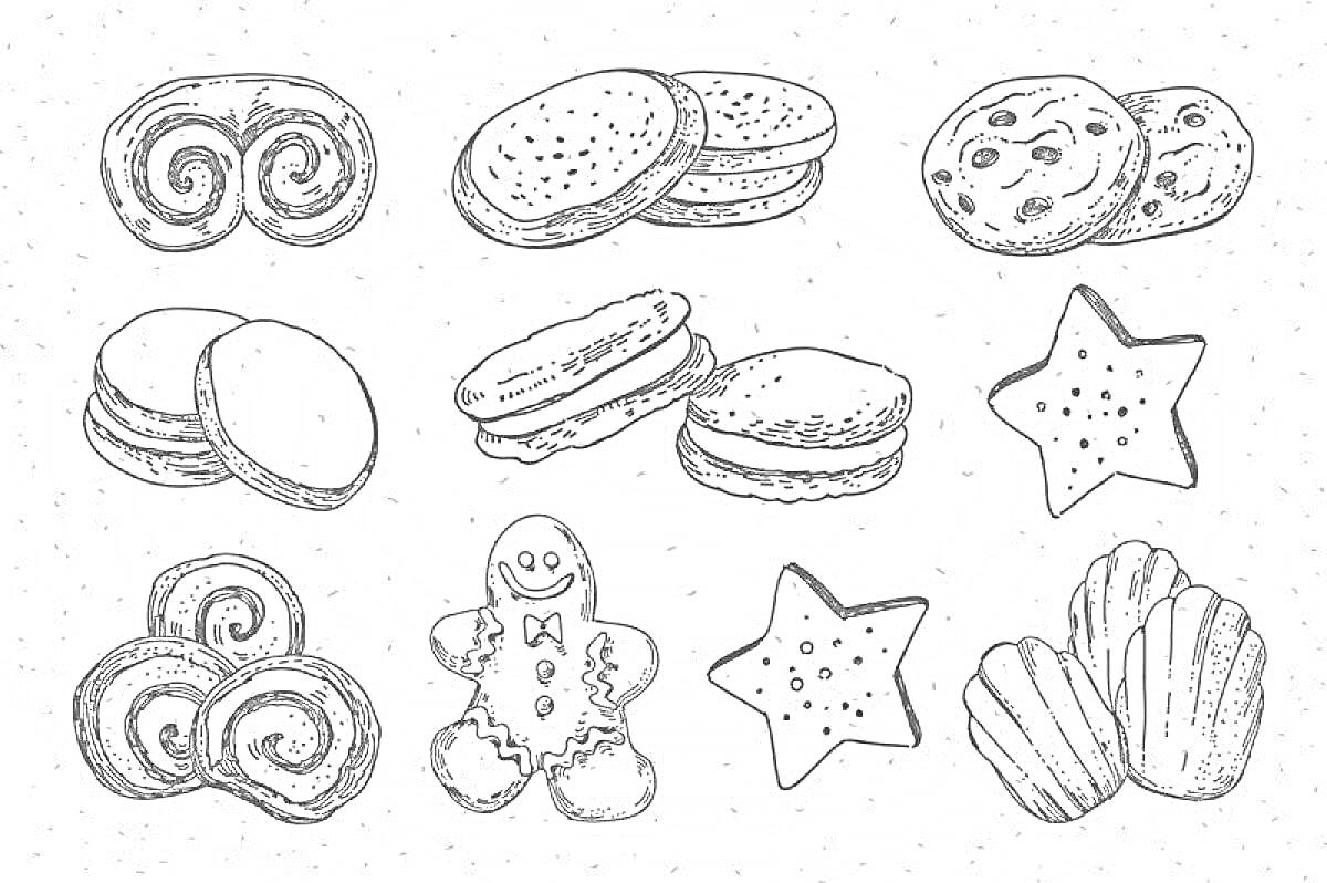 Раскраска Рисунок с различными видами печенья: закрученные печенья, сэндвич-печенье, печенье с шоколадными каплями, макарон, звездообразное печенье, печенье-Герой пряник, мадлен