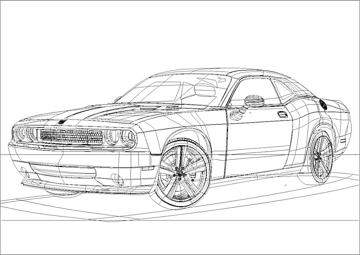 Додж Челленджер в перспективе, вид сбоку под углом, на фоне линий